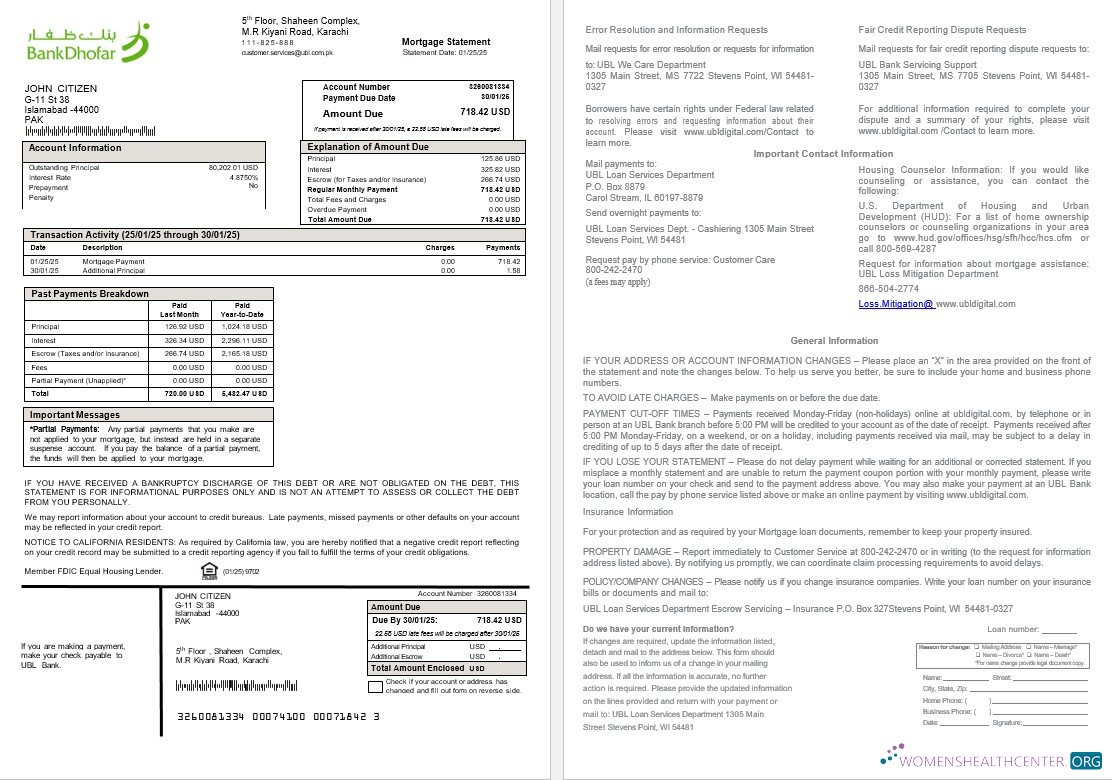 Download Pakistan UBL mortgage statement in Word and PDF formats Photoshop template